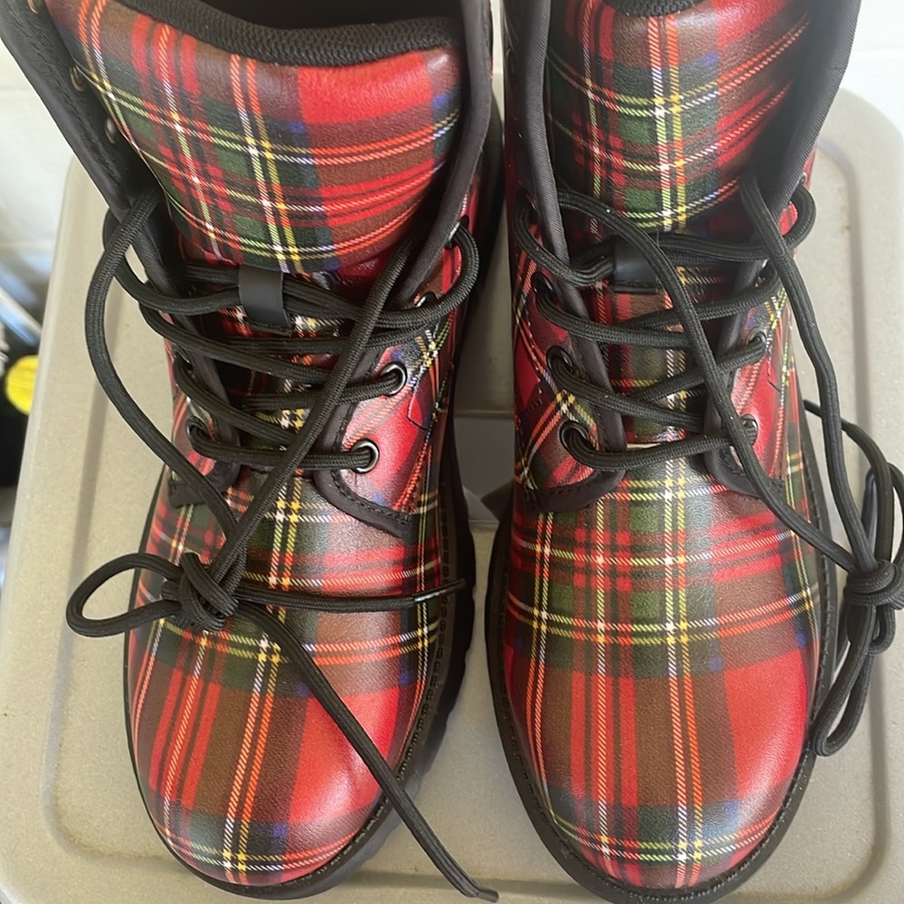Plaid Boots Women's Men's Rain Boots Vegan Leather Lace-Up Boots, New